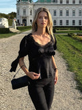 MQTIME  -  Women's Elegant Satin Blouse Top with Lace Trim Puff Sleeve Square Neck Tie Cuff Sweetheart Neckline Casual Office Lady Clubwear