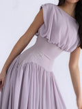 MQTIME  -  Mesh Pleated Dress Elastic Waist Cinching Round Neck Short Sleeved Diagonal Waistline Slimming Gauze Long Dresses Purple Robes