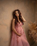 Mqtime Elegant Pink Sweetheart Maternity Dress for Photoshoot Lace Appliqued Tulle Babyshower Photography Dresses Pregnant Women Gowns