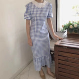 MQTIME  -   Korean Summmer Vintage Dress Elegant Ladies Lace Round Collar Short Sleeve High Waist Long Plaid Dresses Fashion Dress for Women