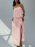 MQTIME  -  Summer fashion casual new pleated design slit dress beach vacation style backless strapless temperament dress