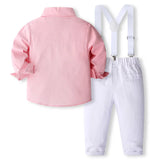 MQTIME  -  3Piece Spring Autumn Baby Boy Clothes Korean Fashion Gentleman Tie Long Sleeve Pink Tops+Pants+Straps Children's Sets BC1138