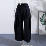 MQTIME  -  Fashion Stripe Pleated Wide Leg Pants For Women Casual Pockets High Waist Long Trousers Autumn New Lady Pants High Street