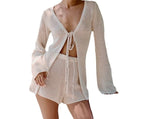MQTIME  -  New Solid Color Hollow Lace Up Casual Loose Knitted Cardigan Women's Set Shorts