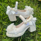 MQTIME  -  Comfortable Round Toe Block Heels Chunky Pumps Women's Lolita Bow Pearl Chain Embellished Low Heel Wedding Party Dress Shoes