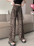 MQTIME  -   Leopard Print Wide Leg Pants For Women'S Summer Thin Ice Silk High Waisted Draped Loose Straight Casual Floor Mop Pants