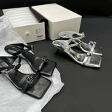 Mqtime Open Toe Women Slippers Black White Silver Summer Outside Slides Mules Shoes Thin High Heels Flower Design Shallow Slip On Party