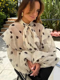 MQTIME  -  Elegant Classic Lace-Up Tops Female Clothing Fashion Loose Polka Dot Print Women's Blouse Casual Lapel Puff Sleeve Office Shirts