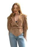 MQTIME  -  Fashion Suede Belt Suits Jacket for Women Shoulder Pad Turn-down Collar Button Short Coats Long Sleeve Autumn Motorcycle Outwear