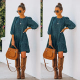 MQTIME  -  Women's S-XL Size Autumn and Winter Women's Printed Split Long Sleeve Bubble Sleeve Dress INS Fashion Slimming Versatile New