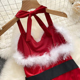 MQTIME  -  Women's Christmas Cosplay Costume Slim Lingerie Rompers Oneseies Feather Trim Backless Jumpsuits Playsuits with Belt
