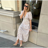 MQTIME  -  Floral Ruffles Patchwork Maxi Dress Women Summer V-neck Puff Sleeve High Waist Fashion Robes Lady Elegant Prty Long Drsss 2025