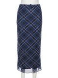 MQTIME  -  Elegant Aesthetics Retro Argyle Plaid Print Mesh Skirts Y2K Vintage 90s Low Waist Double Layer Skirt Summer Beachwear