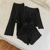 MQTIME  -  Women's Modal Cotton Spwear Set Spring Autumn Summer Four-Piece Strap Long Pants Chest Pad Home Clothes Outdoor Wear