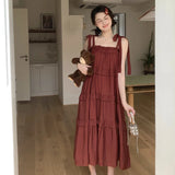 MQTIME  - Summer Korean Patchwork Solid Color Loose Sleeveless Slip Dress Femme Sweet Pleated Lacing Bow Princess Dress New Women Clothes
