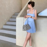 MQTIME  - Summer Fresh Blue Pleated Sundress Female Sweet Sleeveless Hollow-out Back Short Mini Dress Fashion Girls Sexy Bkaclless Dress