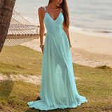 MQTIME  -  Temperament High Waisted Ruched Mesh Patchwork Dress Casual Sleeveless Solid Evening Party Dress Sexy Hollow Out V Halter Dress