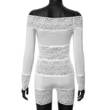 MQTIME  - Women Solid Lace Patchwork Rompers Playsuits Fashion Sexy Hollow Out Slash Neck Long Sleeve Skinny Club Party Shorts Jumpsuit