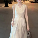 MQTIME  -  French White Lace Embroidery Midi Dress Summer V Neck Sleeveless High Wais Holiday Dresses For Woment Party Robe Clothing J114