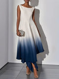 MQTIME  -  2025 Sumer Gradient Color Dress for Women Boat Neck Sleeveless A-line Pleated Midi Dress Elegant Evening Dresses