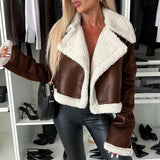 MQTIME  -  2024 Casual Leather Fur Long Sleeved Outerwear Office Vintage Solid Color Lapel Slim Jacket Autumn Winter Thick Short Women Coat