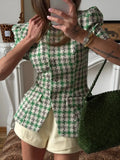 MQTIME  -  Green Round Neck Short Sleeve Two-piece Set Summer Women's Suit Plaid Tweed Peplum Blazer And Skirt lady Daily Street Wear