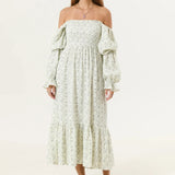  MQTIME  -  Woman Vintage Floral Dress Puff Long Sleeve Off Shoulder Ruffle Long Dress Spring Fall Casual Vintage Bohemian Dresses