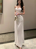 MQTIME  -  Lace Strapless Long Dress Women Sleeveless Camisole French Elegant Dress Solid A Line Dinner Night Fashion Simple Vestidos New