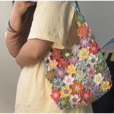  MQTIME  -  Colorful Flower Crochet Tote Bag, Handmade Knitted Shoulder Bag, Lightweight Summer Beach Travel Handbag For Women Vacation