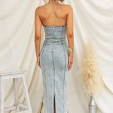 MQTIME  -  Fashion Stitching Spring Girls Banquet Long Dress Sexy One Shoulder Tube Tops Dresses Ladies Elegant Wrap Hips Denim Dresses