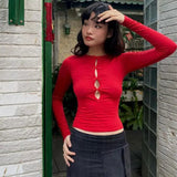 MQTIME  -  Spring American Sexy Hollow Spicy Girl Long Sleeve T-shirt Women Tops Solid Color Versatile Slim Fit Short Top for Outer Wear