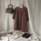  MQTIME  -  French Round Neck Pleated Cotton Crepe Muslin Dress Girls Autumn New Casual Loose Retro Brown Children's Dresses