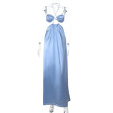 MQTIME  -  Hollow Out Lace Up Halter Backless Satin Maxi Dress Women Sexy Ruched Strapless Spaghetti Straps A-line Club Party Long Robe