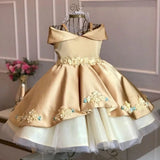 MQTIME  -  Gold Flower Girl Dresses Tulle Satin Flory Pattern With Bow Off Shoulder Sleeveless For Wedding Birthday Holy Communion Gowns