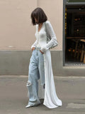 MQTIME  -  Deep V Cardigan Dresses Women Hollow Sexy Single-breasted Long Cardigan Summer White Slim-fit Long Sleeve Vacation Ladies Robe