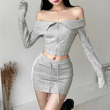 MQTIME -  Autumn New Off Shoulder Solid Color Long-Sleeved Top Zipper Fashion Girls High-Waist Elastic Short Skirt Preppy Style