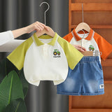 MQTIME  -  Summer Kids Boy Clothes Korean Fashion Cute Cotton Short Sleeve Tops+Denim Shorts Baby Boutique Clothing Children's Sets BC2127