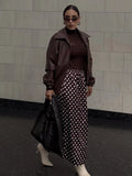MQTIME  -  Casual Spotted Pattern A-line Skirt Women's Vintage Brown High Waist Slim Fit Wrap Maxi Dress Summer New Lady Commute Wear