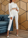 Mqtime Newest Designer Suit Set Women's Flare Sleeve Hollow Out Lace Trimmed Tops Blouse Pencil Pants Set