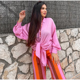  MQTIME  -  Color Vertical Stripe Women Wide Leg Pants Elastic Drawstring Waist Bead Pendant Lightweight Sheer Loose Full Length Casual Pant
