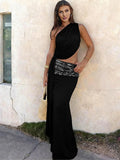  MQTIME  -  Sequin Patchwork Women Maxi Dress One Shoulder Sleeveless Cut Out Backless Dresses Party Elegant Wedding Club Summer Dress Lady
