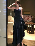 MQTIME  -  Women's Elegant Ruffles Long Dresses Fashion Spaghetti Strap Sleeveless Princess Party Dress Summer Slim Waist Casual Vestidos