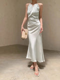 MQTIME  -  White Neck Hanging Dress New Women'S Satin Rope Fishtail Slit High-End Slim Fit Long Dress