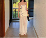 MQTIME  -  Gentle Floral Embroidery Strapless Maxi Dress Summer Slim Bodice Women Sheer Patchwork Vacation Wedding Guest Evening Long Dress