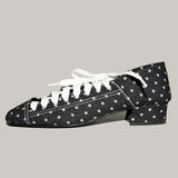 MQTIME  -  Vintage Denim Blue Lace-Up Chunky Heels Women's Pumps Polka-Dot Square-Toe Mary Jane Shoes Ballet-Style Dress Shoes Lolita Shoes