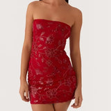 MQTIME  -  Women Beaded Mini Dress Sequin Embroidery Strapless Bodycon Dresses Ladies Sexy Off Shoulder Backless Glitter Mini Dress