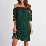 MQTIME  -  New Lace Dress Slash Neck Embroidery Mini Dress Hollow Out A-line Party Dresses Femme Elegant Short Vestidos
