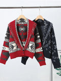  MQTIME  -  Fashion Geometric Printed Knitted Jackets For Women 2026 Autumn Long Sleeve Sweater Coats Single Breasted Lady Street Chic Tops