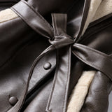 MQTIME  -  Fashion Retro Leather Women's Coat Winter Warm Windproof Plush Lining Coats with Belt Women Solid Turndown Collar Outerwears