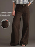 ﻿ MQTIME  -  Women's new jeans washed vintage brown wide-leg jeans high waist cut elegant fashion style retro silhouette